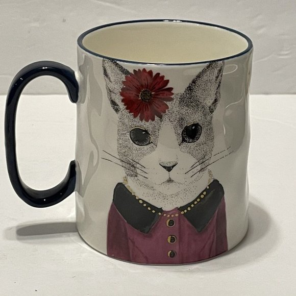 Signature Hipster Cat Kitten Flower Ceramic Coffee Mug Tea Cup Blue Rim 14oz - Picture 2 of 7